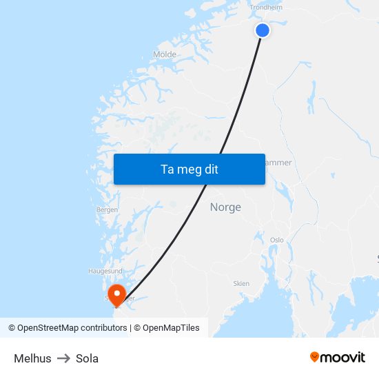 Melhus to Sola map