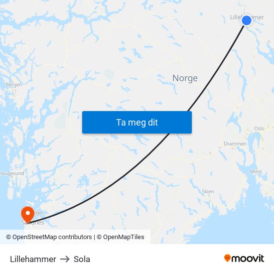 Lillehammer to Sola map