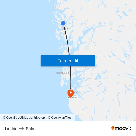 Lindås to Sola map
