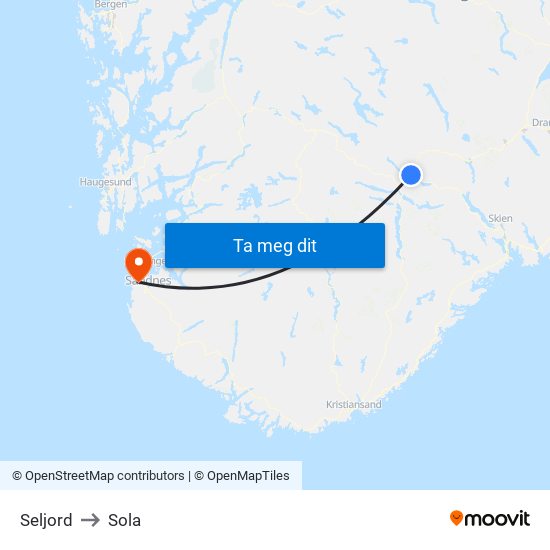 Seljord to Sola map