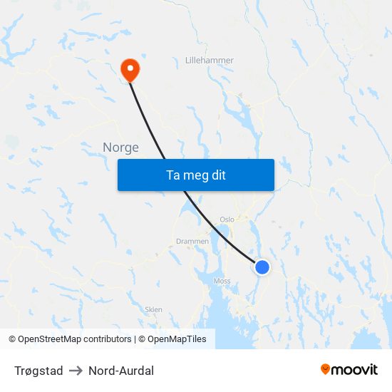 Trøgstad to Nord-Aurdal map