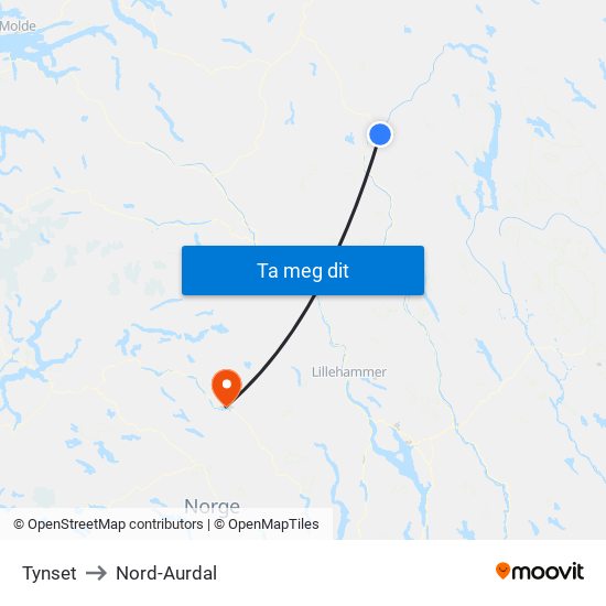 Tynset to Nord-Aurdal map