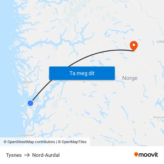 Tysnes to Nord-Aurdal map