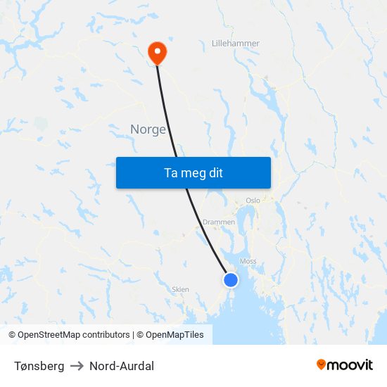 Tønsberg to Nord-Aurdal map