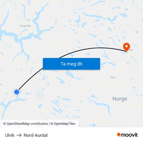 Ulvik to Nord-Aurdal map