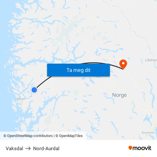 Vaksdal to Nord-Aurdal map