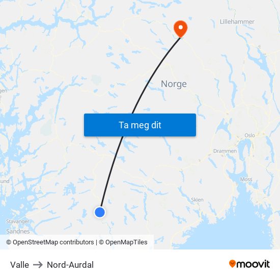 Valle to Nord-Aurdal map