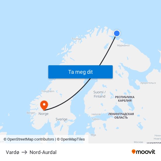 Vardø to Nord-Aurdal map