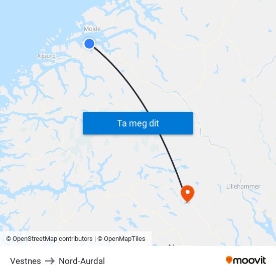 Vestnes to Nord-Aurdal map
