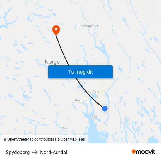 Spydeberg to Nord-Aurdal map
