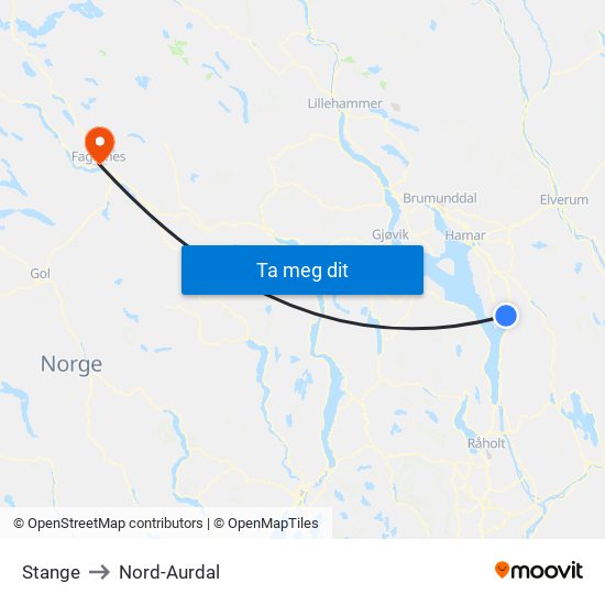 Stange to Nord-Aurdal map