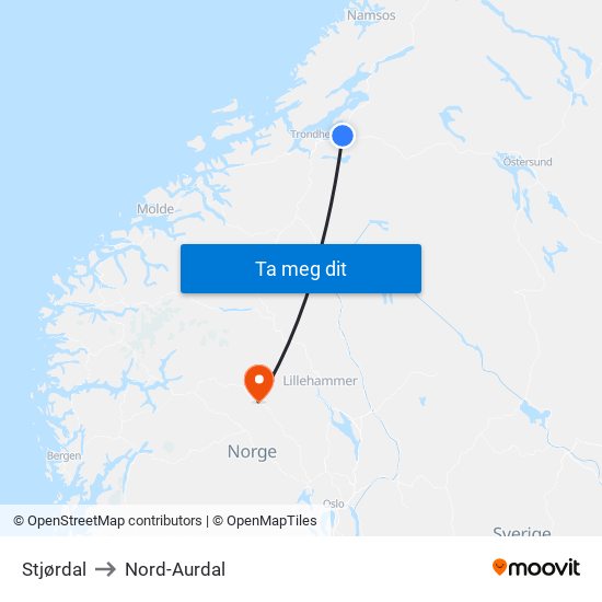 Stjørdal to Nord-Aurdal map