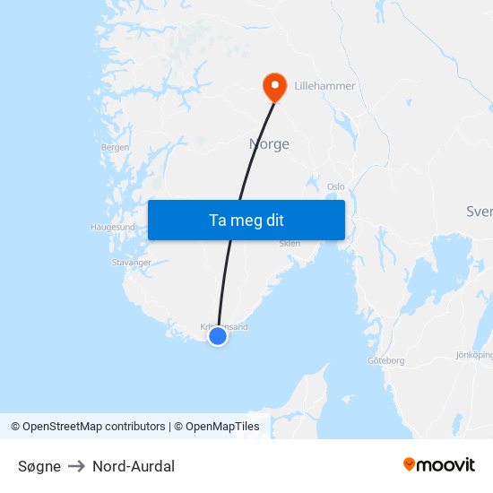 Søgne to Nord-Aurdal map