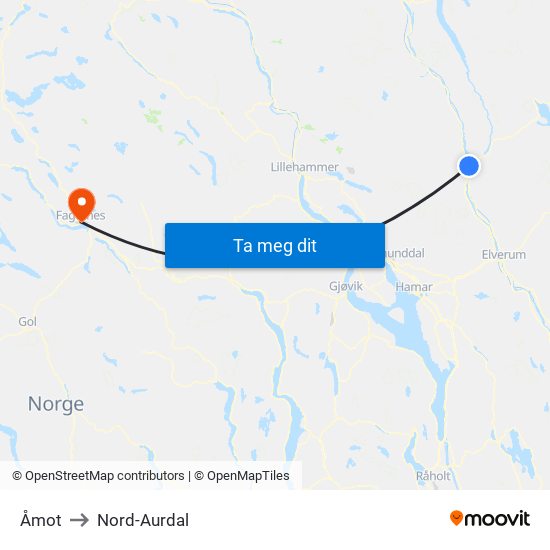 Åmot to Nord-Aurdal map