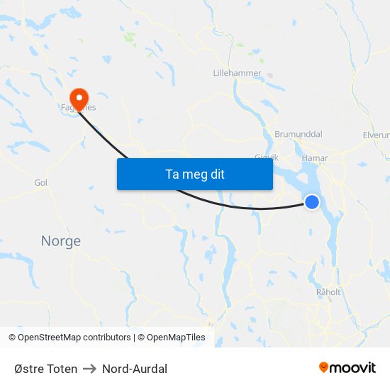 Østre Toten to Nord-Aurdal map
