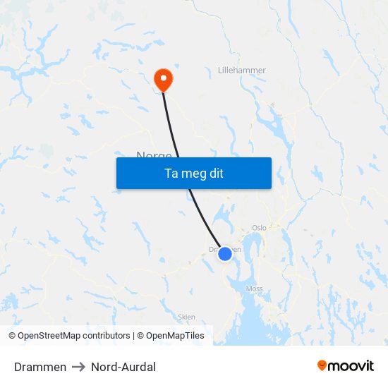 Drammen to Nord-Aurdal map