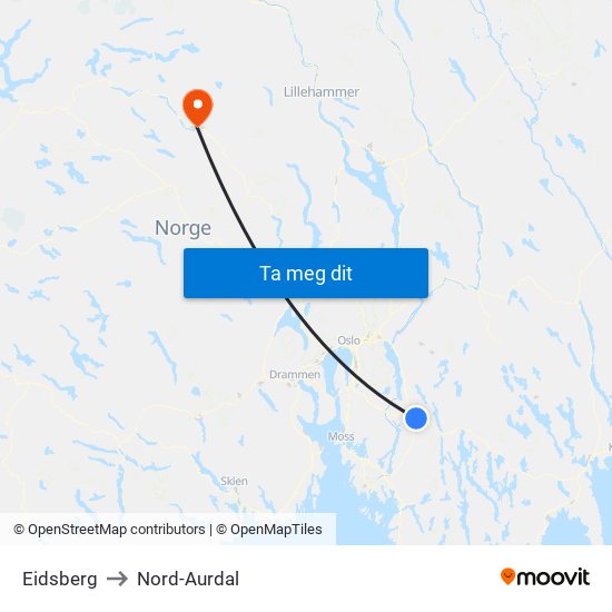 Eidsberg to Nord-Aurdal map