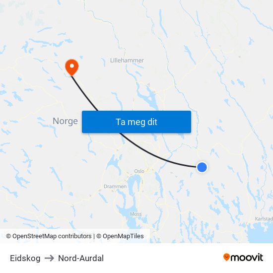 Eidskog to Nord-Aurdal map