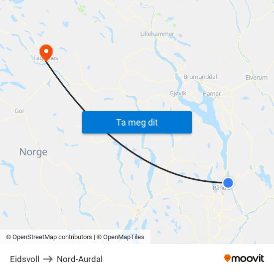 Eidsvoll to Nord-Aurdal map