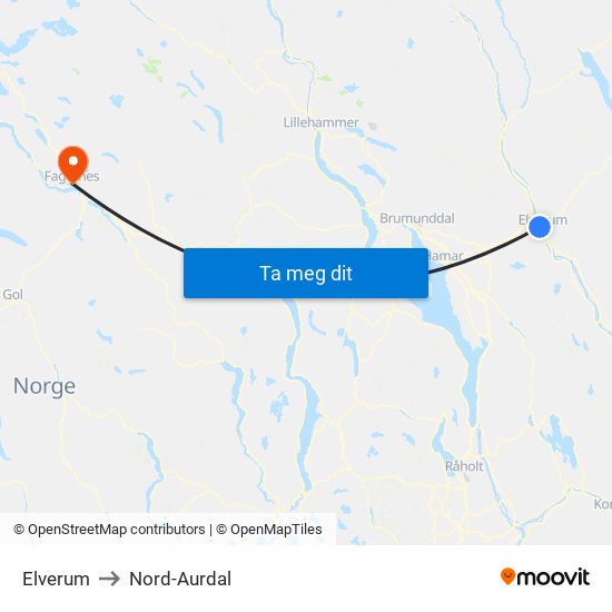 Elverum to Nord-Aurdal map