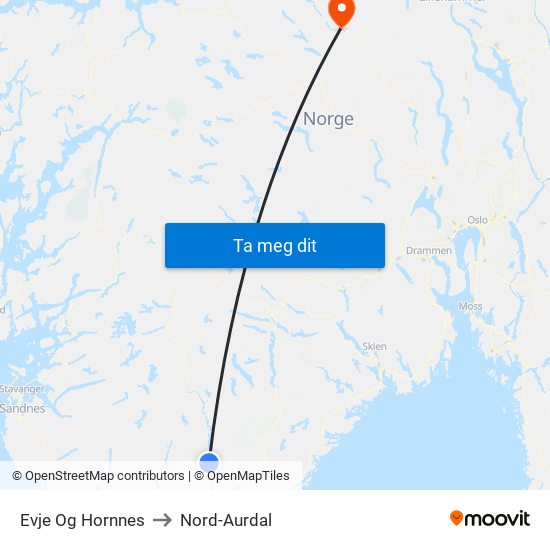 Evje Og Hornnes to Nord-Aurdal map
