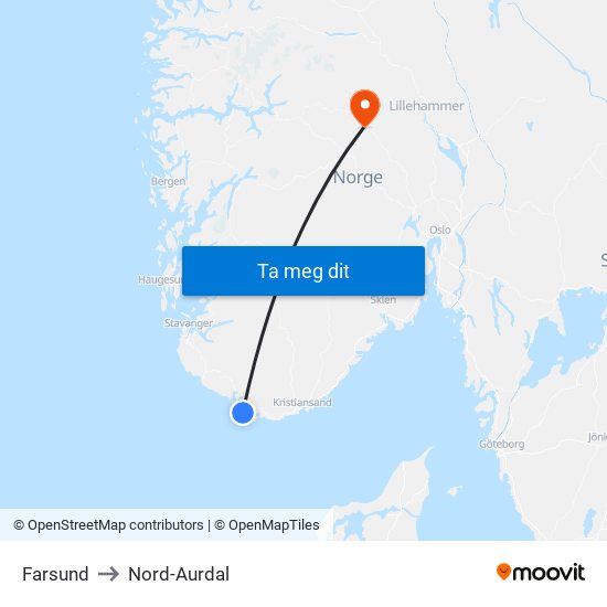 Farsund to Nord-Aurdal map