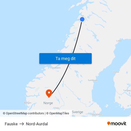 Fauske to Nord-Aurdal map