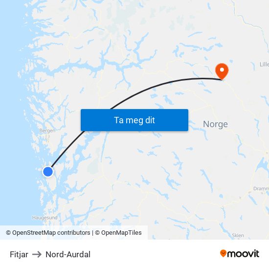 Fitjar to Nord-Aurdal map