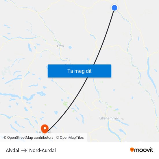 Alvdal to Nord-Aurdal map