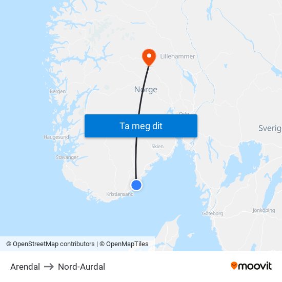 Arendal to Nord-Aurdal map