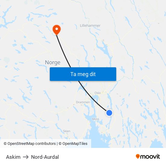 Askim to Nord-Aurdal map