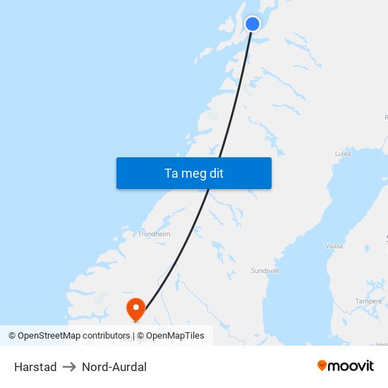Harstad to Nord-Aurdal map