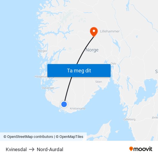 Kvinesdal to Nord-Aurdal map