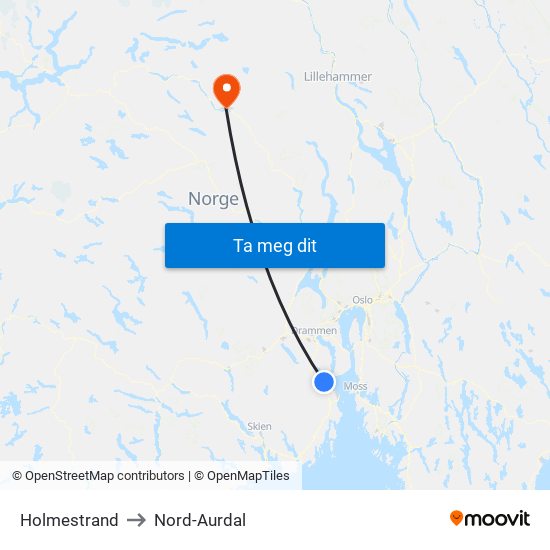Holmestrand to Nord-Aurdal map