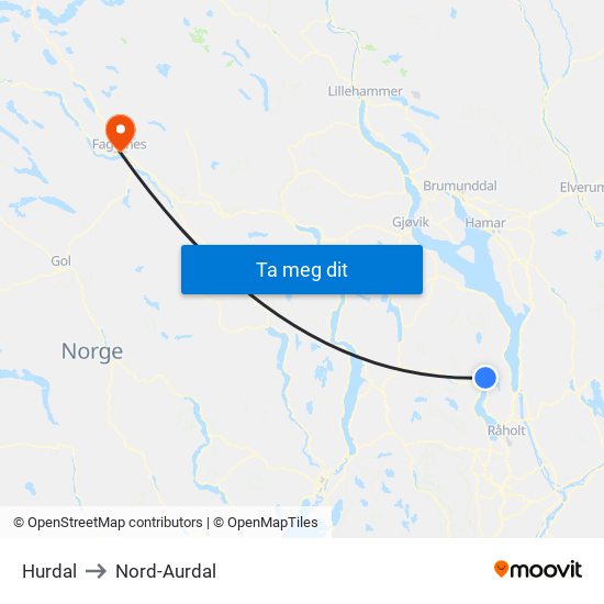 Hurdal to Nord-Aurdal map