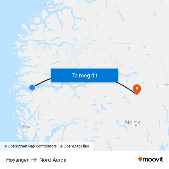 Høyanger to Nord-Aurdal map