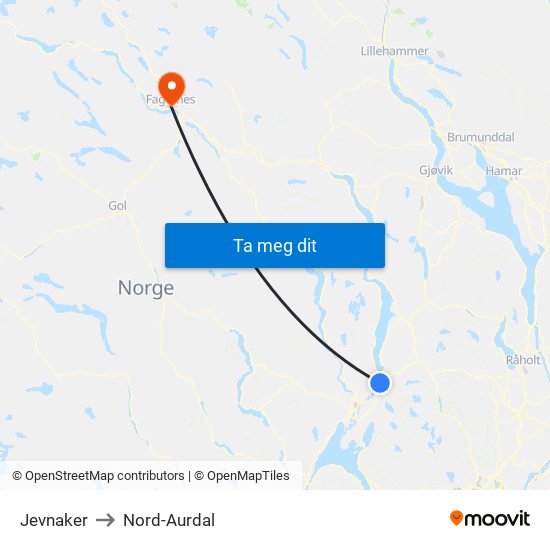 Jevnaker to Nord-Aurdal map