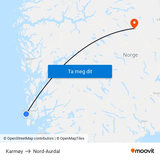 Karmøy to Nord-Aurdal map