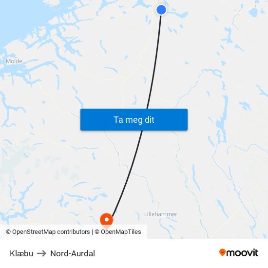 Klæbu to Nord-Aurdal map