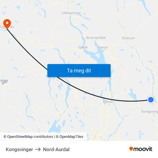 Kongsvinger to Nord-Aurdal map