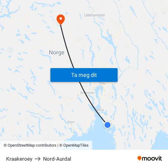 Kraakeroey to Nord-Aurdal map
