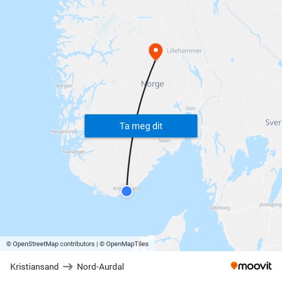 Kristiansand to Nord-Aurdal map