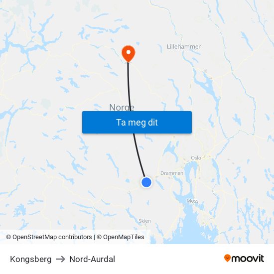 Kongsberg to Nord-Aurdal map