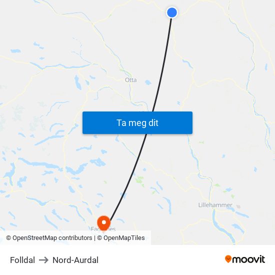 Folldal to Nord-Aurdal map