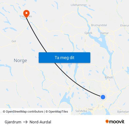 Gjerdrum to Nord-Aurdal map