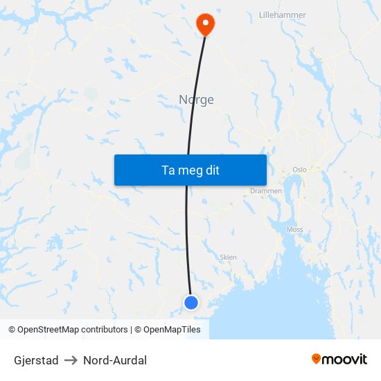 Gjerstad to Nord-Aurdal map