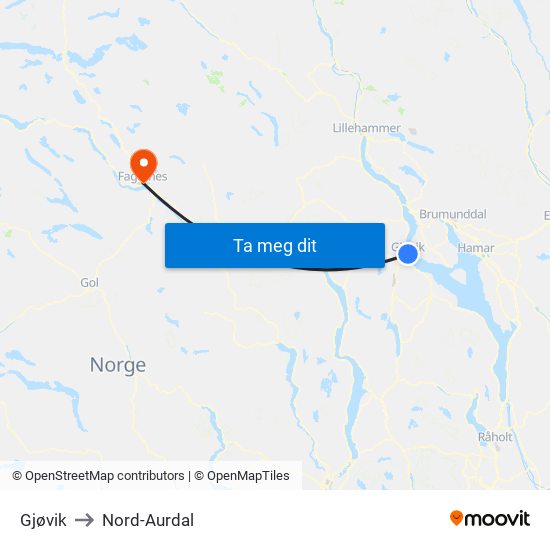 Gjøvik to Nord-Aurdal map