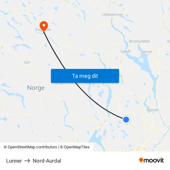 Lunner to Nord-Aurdal map