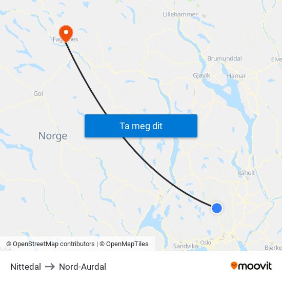 Nittedal to Nord-Aurdal map