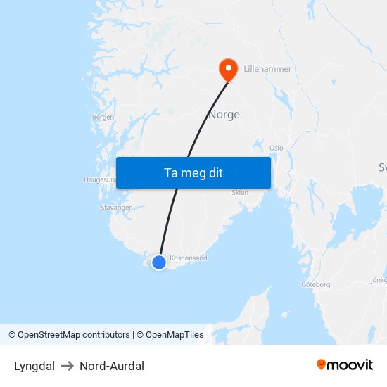 Lyngdal to Nord-Aurdal map